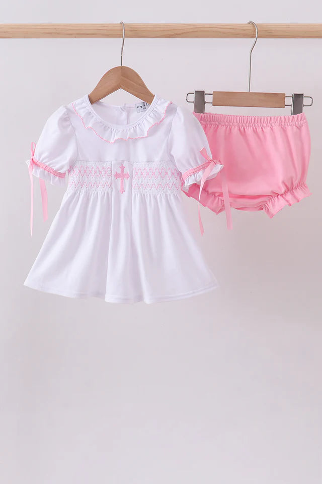 Abby & Evie White Cross Smocked Ruffle Girls Bloomer Set 113248 SpadezStore
