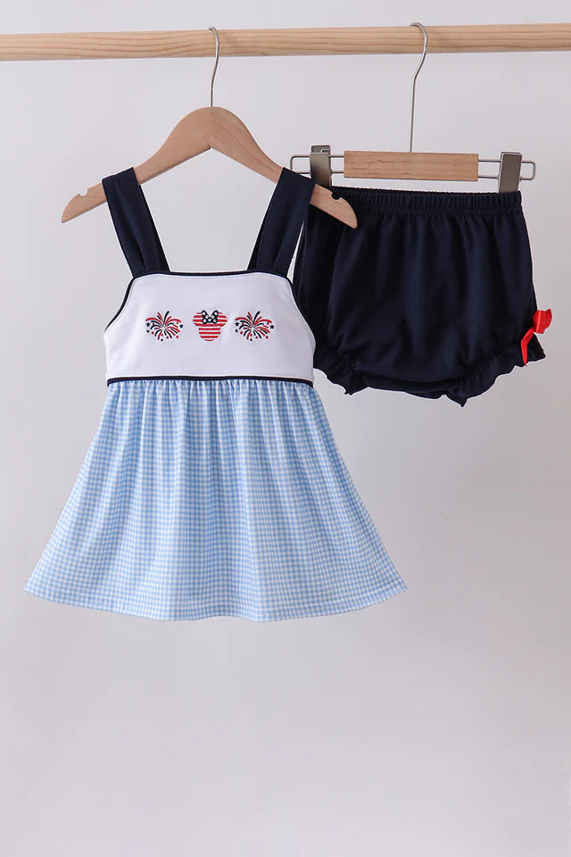 Abby & Evie Blue Character Embroidery Gingham Bloomer Set 113266 SpadezStore