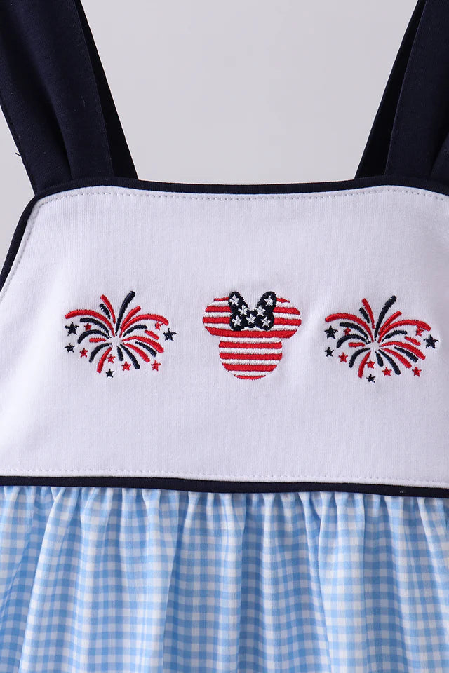 Abby & Evie Blue Character Embroidery Gingham Bloomer Set 113266 SpadezStore