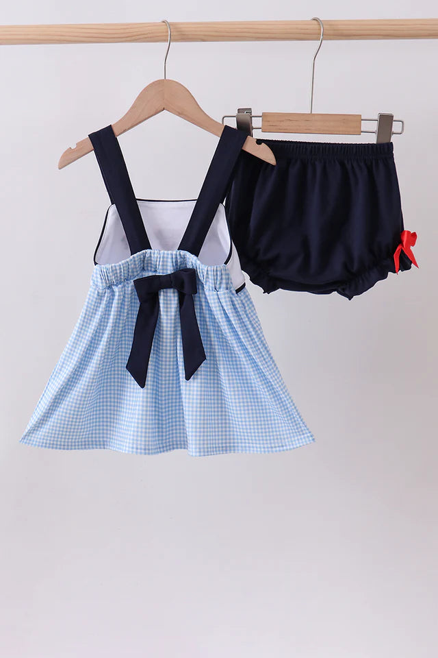 Abby & Evie Blue Character Embroidery Gingham Bloomer Set 113266 SpadezStore