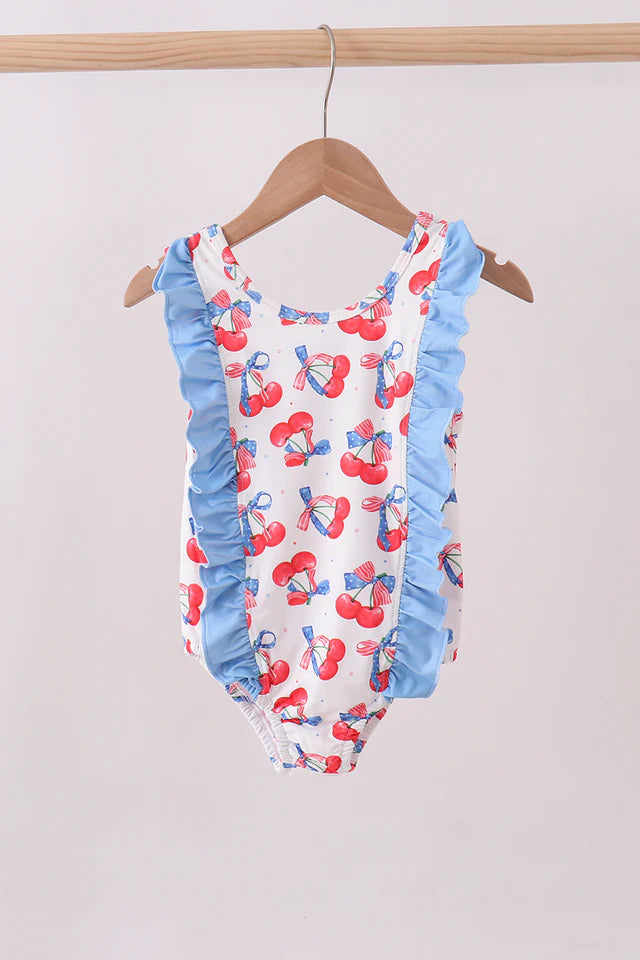 Abby & Evie Blue Cherry Print Ruffle Swimsuit 113274 SpadezStore