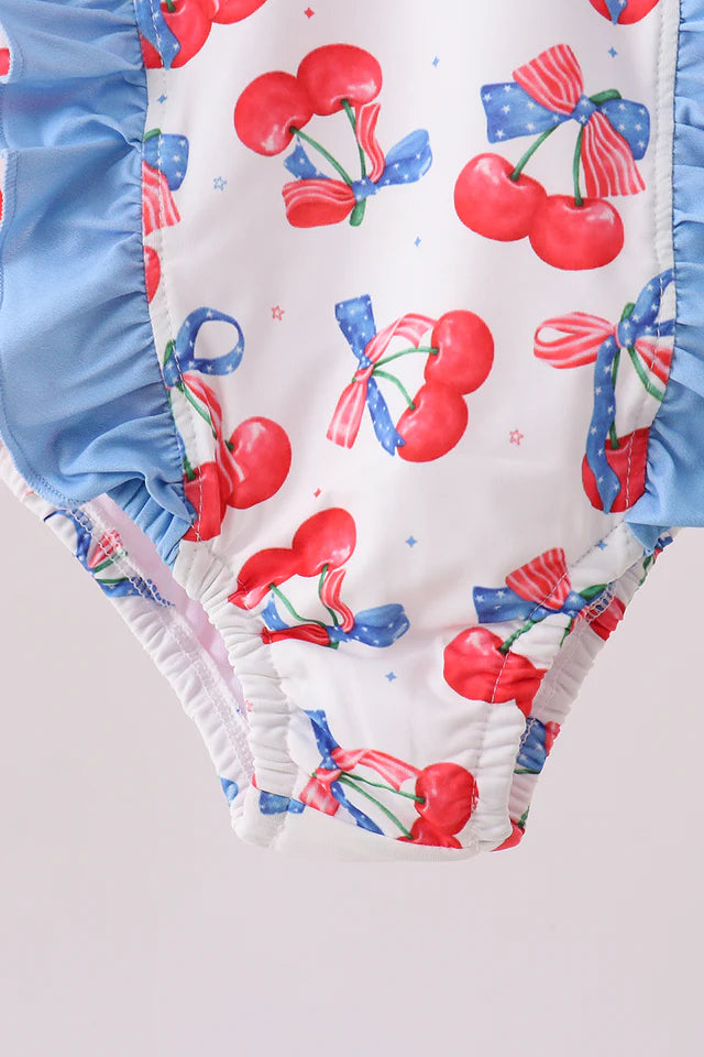 Abby & Evie Blue Cherry Print Ruffle Swimsuit 113274 SpadezStore
