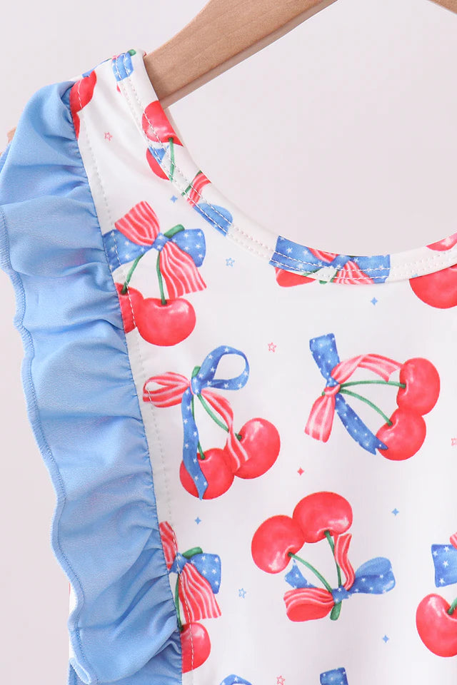 Abby & Evie Blue Cherry Print Ruffle Swimsuit 113274 SpadezStore