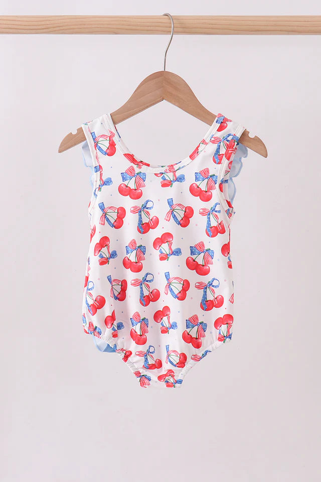 Abby & Evie Blue Cherry Print Ruffle Swimsuit 113274 SpadezStore