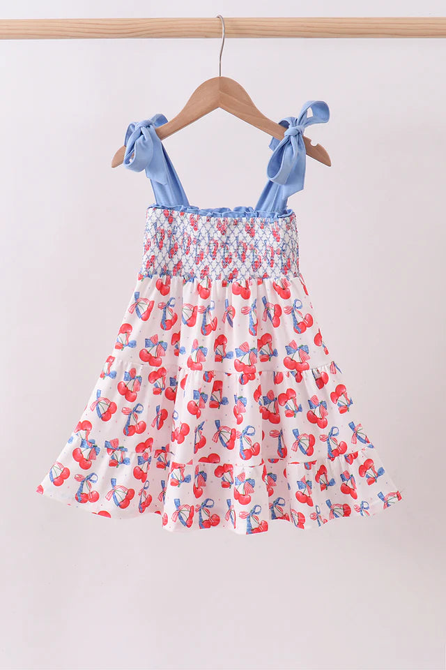 Abby & Evie Blue Cherry Smocked Tiered Mom & Me Dress SpadezStore