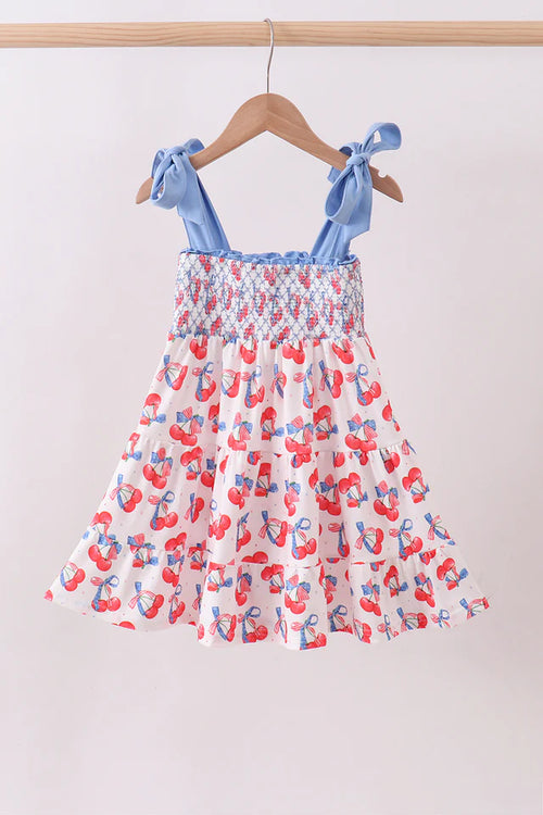 Abby & Evie Blue Cherry Smocked Tiered Mom & Me Dress SpadezStore