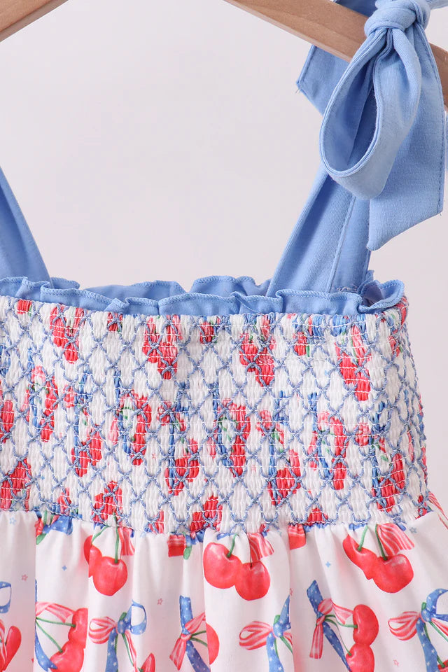 Abby & Evie Blue Cherry Smocked Tiered Mom & Me Dress SpadezStore