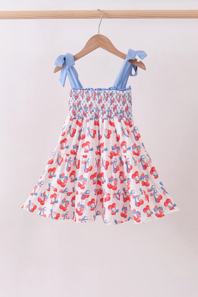 Abby & Evie Blue Cherry Smocked Tiered Mom & Me Dress SpadezStore
