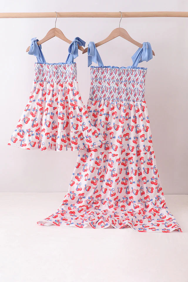 Abby & Evie Blue Cherry Smocked Tiered Mom & Me Dress SpadezStore