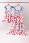 Abby & Evie Blue Cherry Smocked Tiered Mom & Me Dress SpadezStore