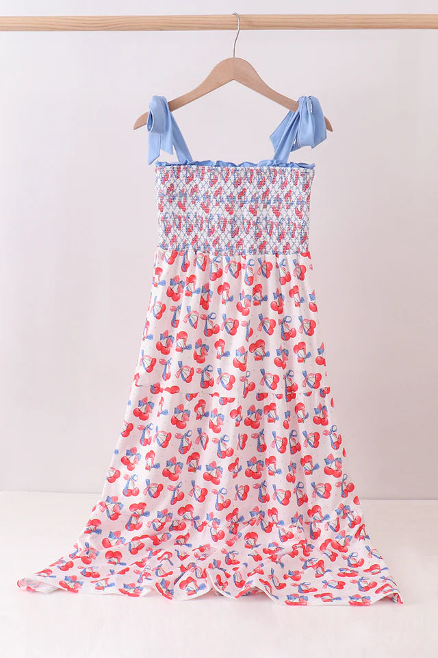 Abby & Evie Blue Cherry Smocked Tiered Mom & Me Dress SpadezStore