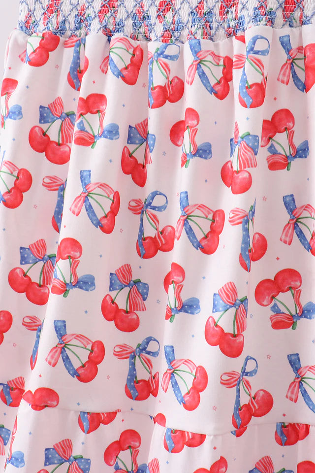 Abby & Evie Blue Cherry Smocked Tiered Mom & Me Dress SpadezStore