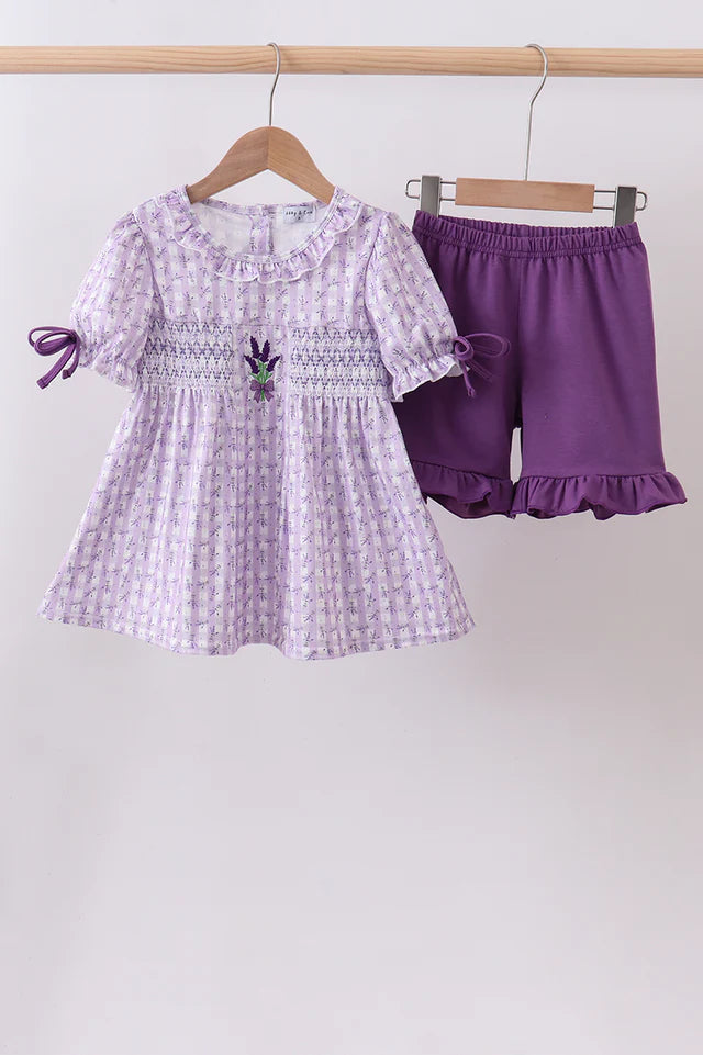 Abby & Evie Lavender Floral Smocked Ruffle Shorts Set 113288