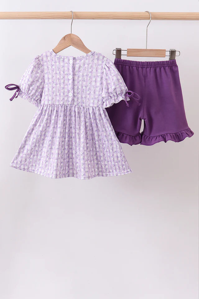Abby & Evie Lavender Floral Smocked Ruffle Shorts Set 113288