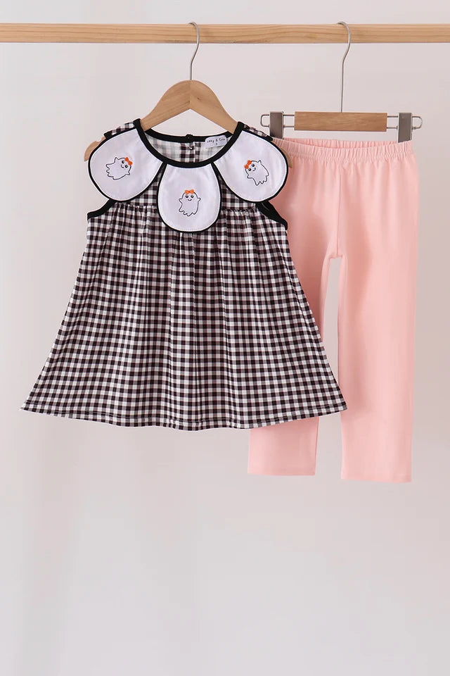 Abby & Evie Pink Ghost Embroidery Pants Set 114068