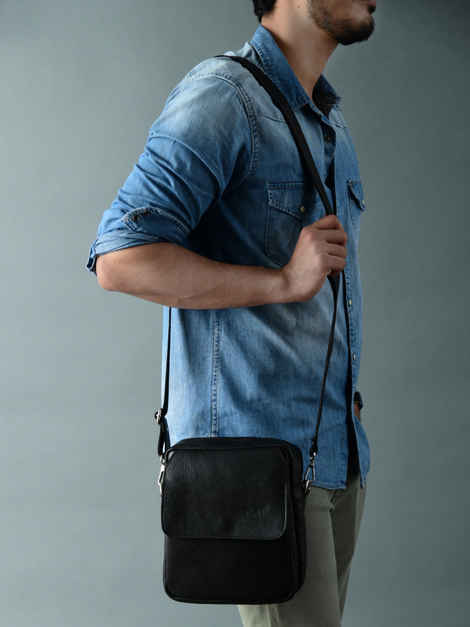 Classy Leather Bags Enzo Black Side Messenger - Thumbnail 3