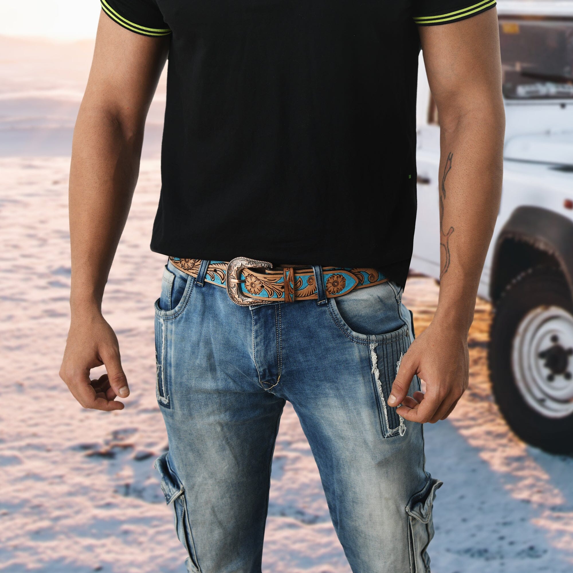 Classy Leather Bags Western Cowboy Leather Belt - Blue & Brown SpadezStore