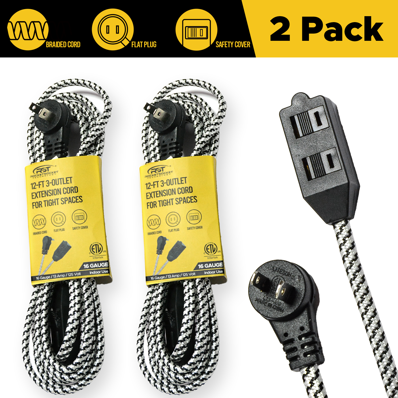CRST 2-Pack 12ft Flat Extension Cord with Safety Covers, Braided Long Extension Cord with Flat Plug, 3-Outlet Power Strip, 16AWG, 1625W, ETL Listed SpadezStore