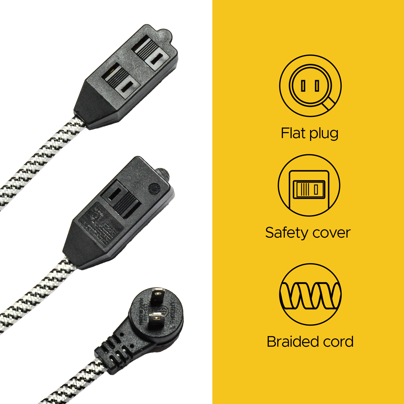 CRST 2-Pack 12ft Flat Extension Cord with Safety Covers, Braided Long Extension Cord with Flat Plug, 3-Outlet Power Strip, 16AWG, 1625W, ETL Listed SpadezStore