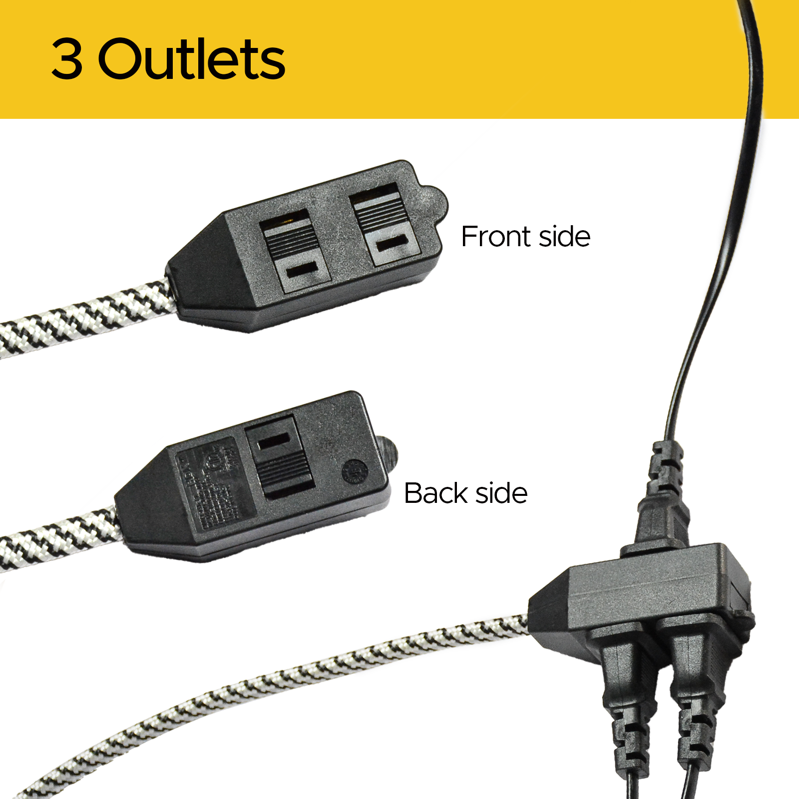 CRST 2-Pack 12ft Flat Extension Cord with Safety Covers, Braided Long Extension Cord with Flat Plug, 3-Outlet Power Strip, 16AWG, 1625W, ETL Listed SpadezStore