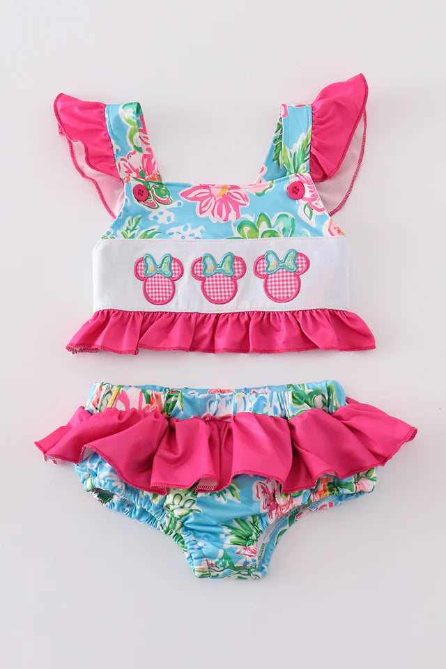 Abby & Evie Pink Floral Character Applique 2pc Girl Swimsuit 120464 SpadezStore