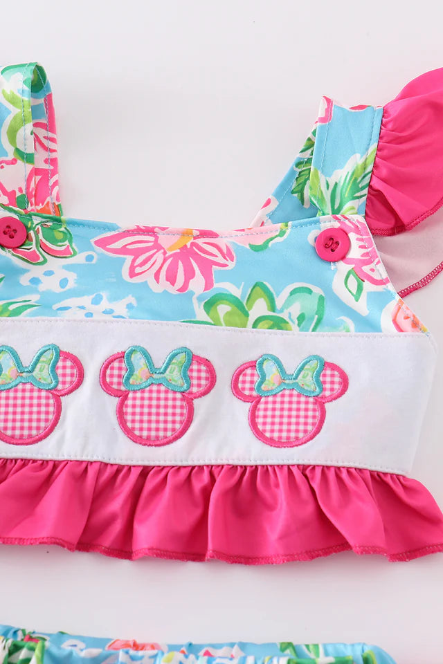 Abby & Evie Pink Floral Character Applique 2pc Girl Swimsuit 120464 SpadezStore