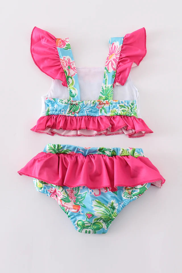 Abby & Evie Pink Floral Character Applique 2pc Girl Swimsuit 120464 SpadezStore