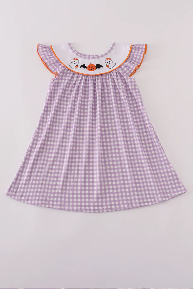 Abby & Evie Purple Halloween Pumpkin Ghost Embroidery Dress 120711 SpadezStore