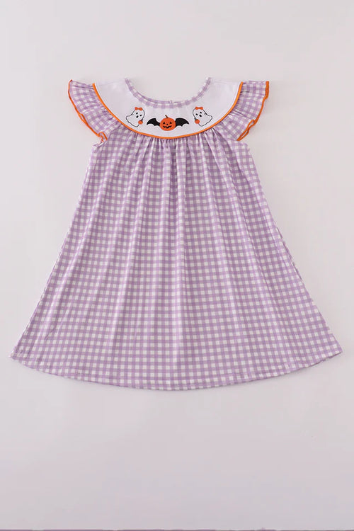 Abby & Evie Purple Halloween Pumpkin Ghost Embroidery Dress 120711 SpadezStore