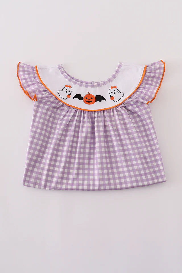 Abby & Evie Purple Halloween Pumpkin Ghost Embroidery Dress 120711 SpadezStore