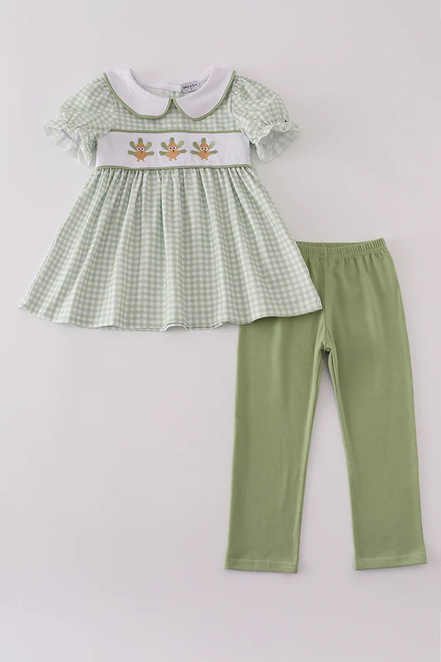 Abby & Evie Sage Turkey Embroidery Gingham Pants Set 120761 SpadezStore