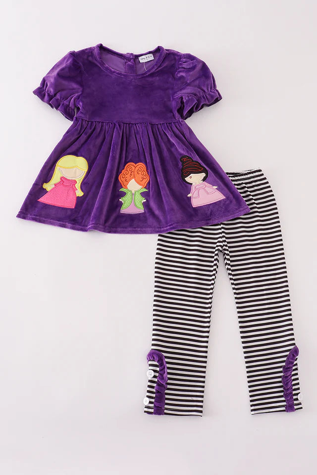 Abby & Evie Purple Halloween Witch Applique Velvet Pants Set 120772 SpadezStore