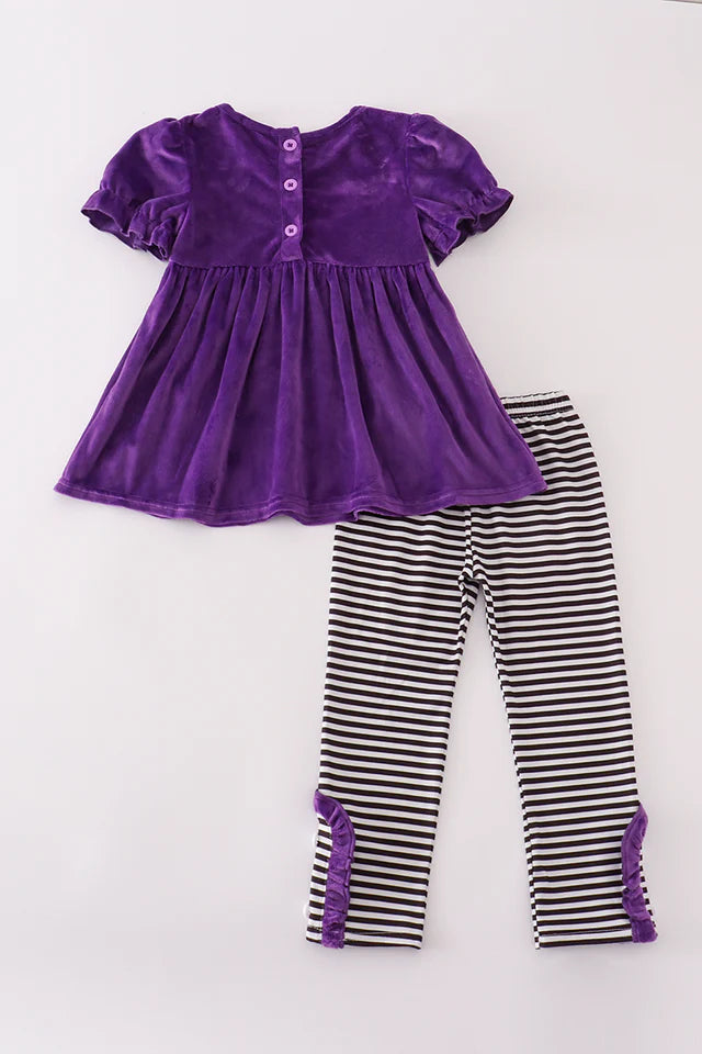 Abby & Evie Purple Halloween Witch Applique Velvet Pants Set 120772 SpadezStore