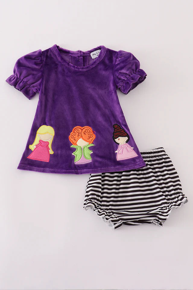 Abby & Evie Purple Halloween Witch Applique Velvet Bloomer Set 120773 SpadezStore
