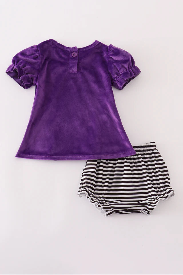 Abby & Evie Purple Halloween Witch Applique Velvet Bloomer Set 120773 SpadezStore