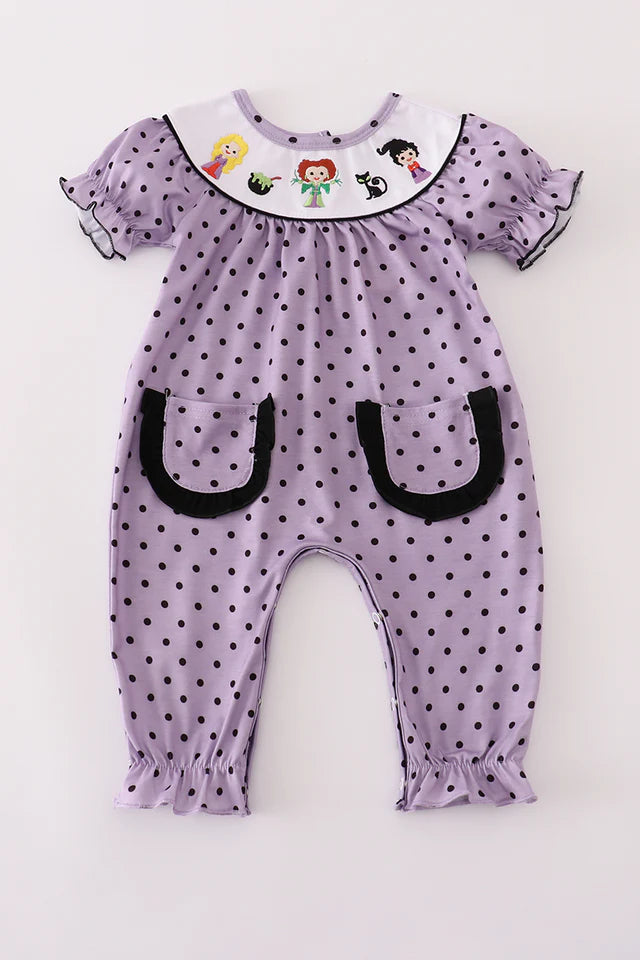 Abby & Evie Purple Halloween Dot Witch Embroidery Romper 120790 SpadezStore