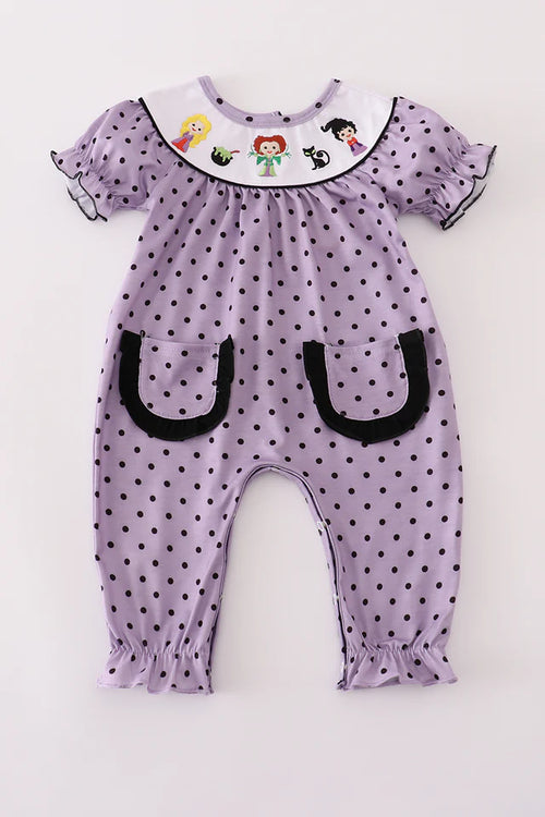Abby & Evie Purple Halloween Dot Witch Embroidery Romper 120790 SpadezStore