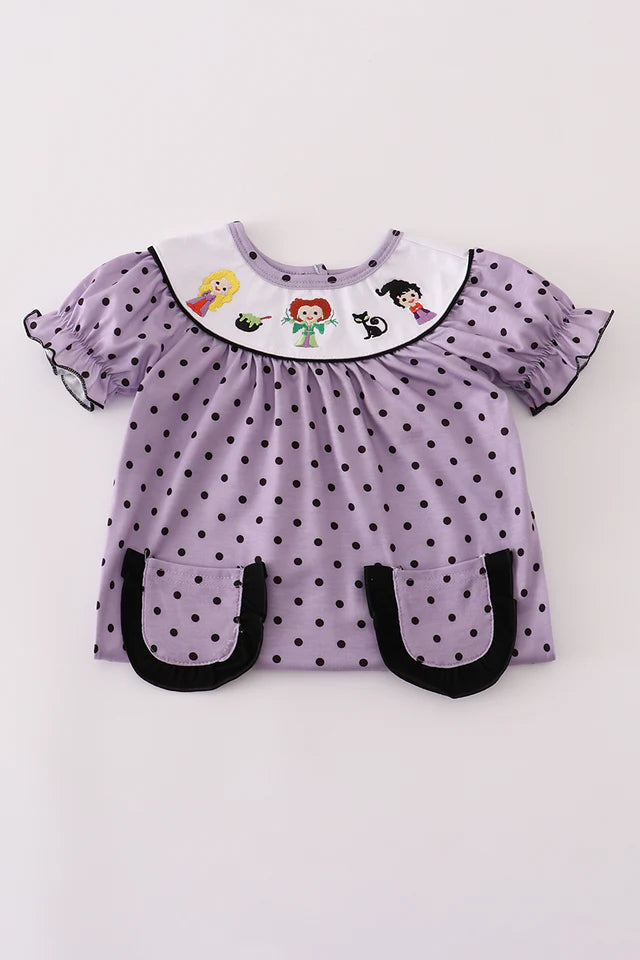 Abby & Evie Purple Halloween Dot Witch Embroidery Romper 120790 SpadezStore