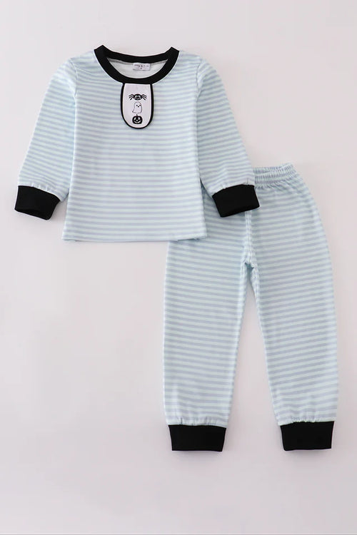 Abby & Evie Blue Halloween Spider Embroidery Stripe Pants Set 120795 SpadezStore