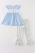 Abby & Evie Blue Pumpkin Embroidery Girl Set Girl Ruffle Pants Set 120931 SpadezStore
