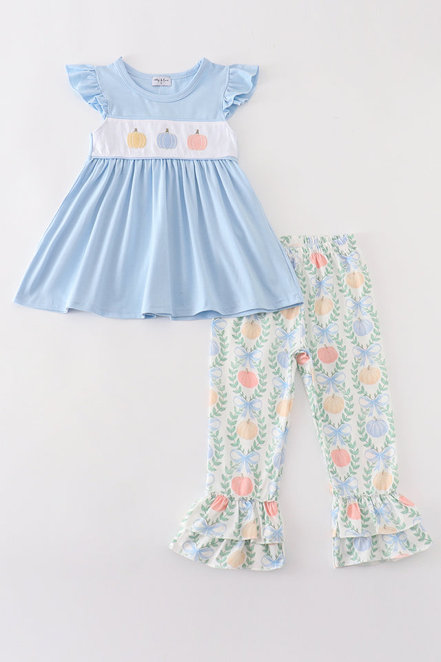 Abby & Evie Blue Pumpkin Embroidery Girl Set Girl Ruffle Pants Set 120931 SpadezStore