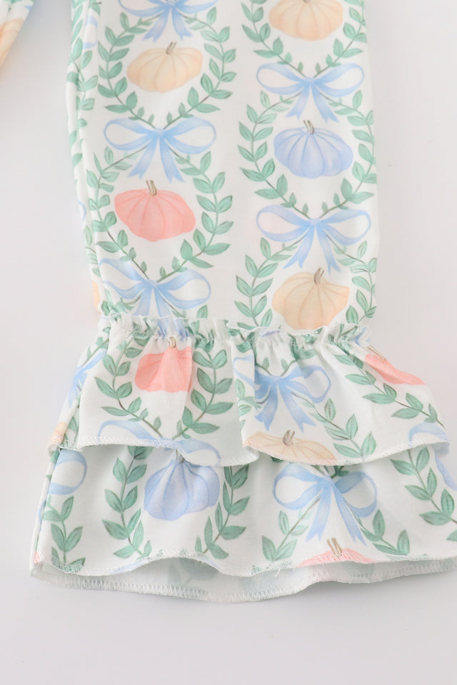 Abby & Evie Blue Pumpkin Embroidery Girl Set Girl Ruffle Pants Set 120931 SpadezStore