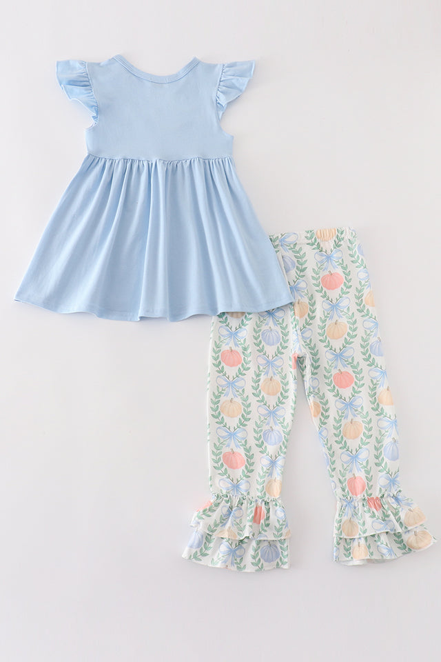 Abby & Evie Blue Pumpkin Embroidery Girl Set Girl Ruffle Pants Set 120931 SpadezStore