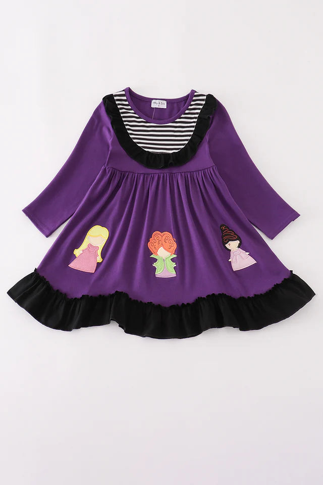 Abby & Evie Purple Halloween Witch Applique Dress 120988 SpadezStore