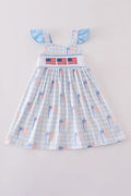 Abby & Evie Blue Flag Embroidery Smocked Gingham Dress 121926 SpadezStore