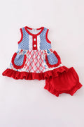 Abby & Evie Blue Bow Print Ruffle Bloomer Set 122117 SpadezStore