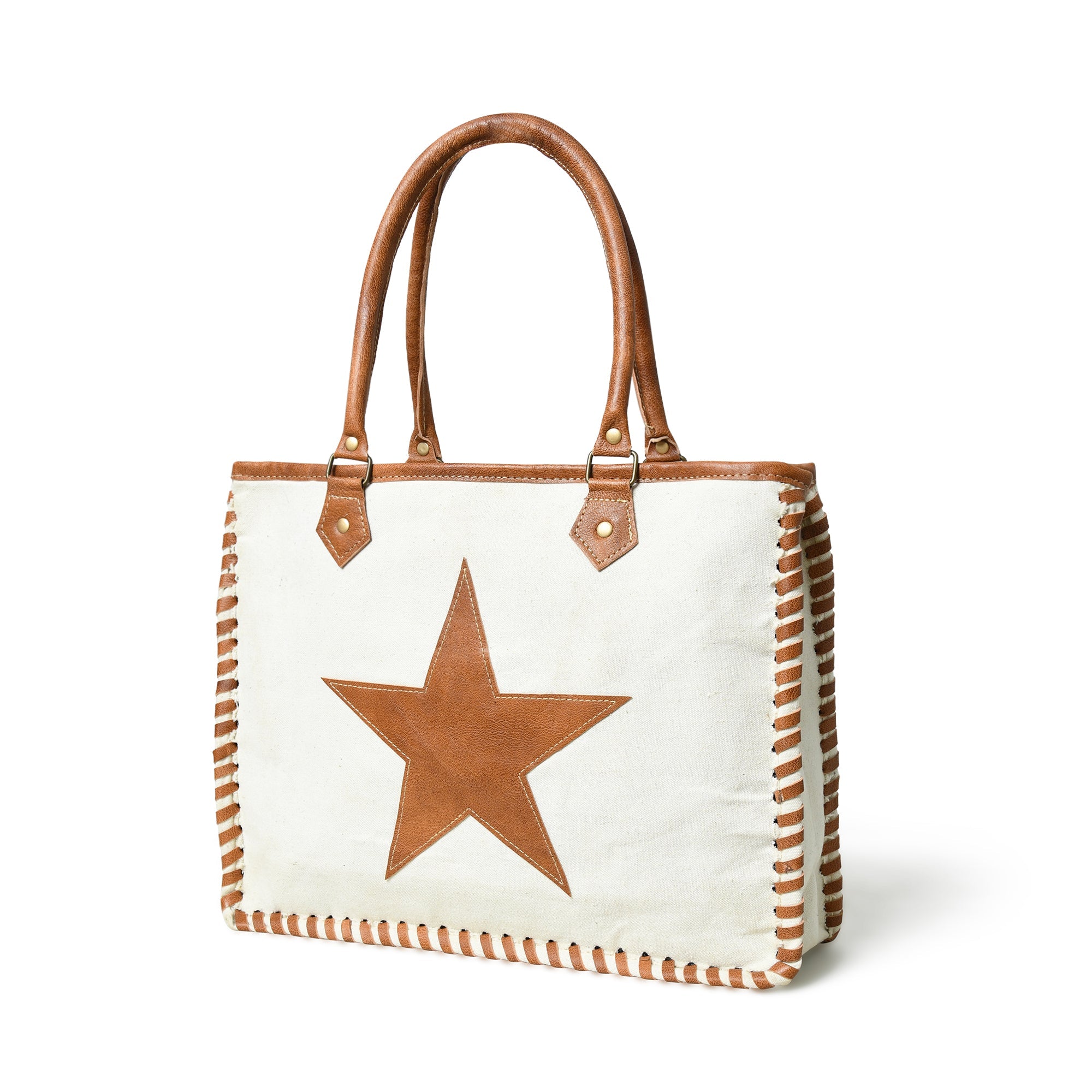 Classy Leather Bags Star Upcycled Canvas Shoulder Tote - Thumbnail 2