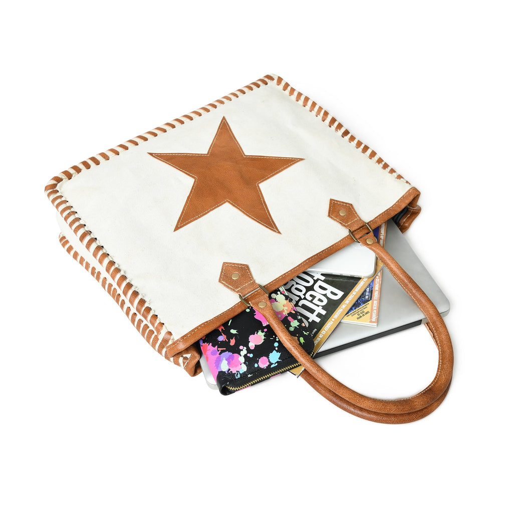 Classy Leather Bags Star Upcycled Canvas Shoulder Tote SpadezStore
