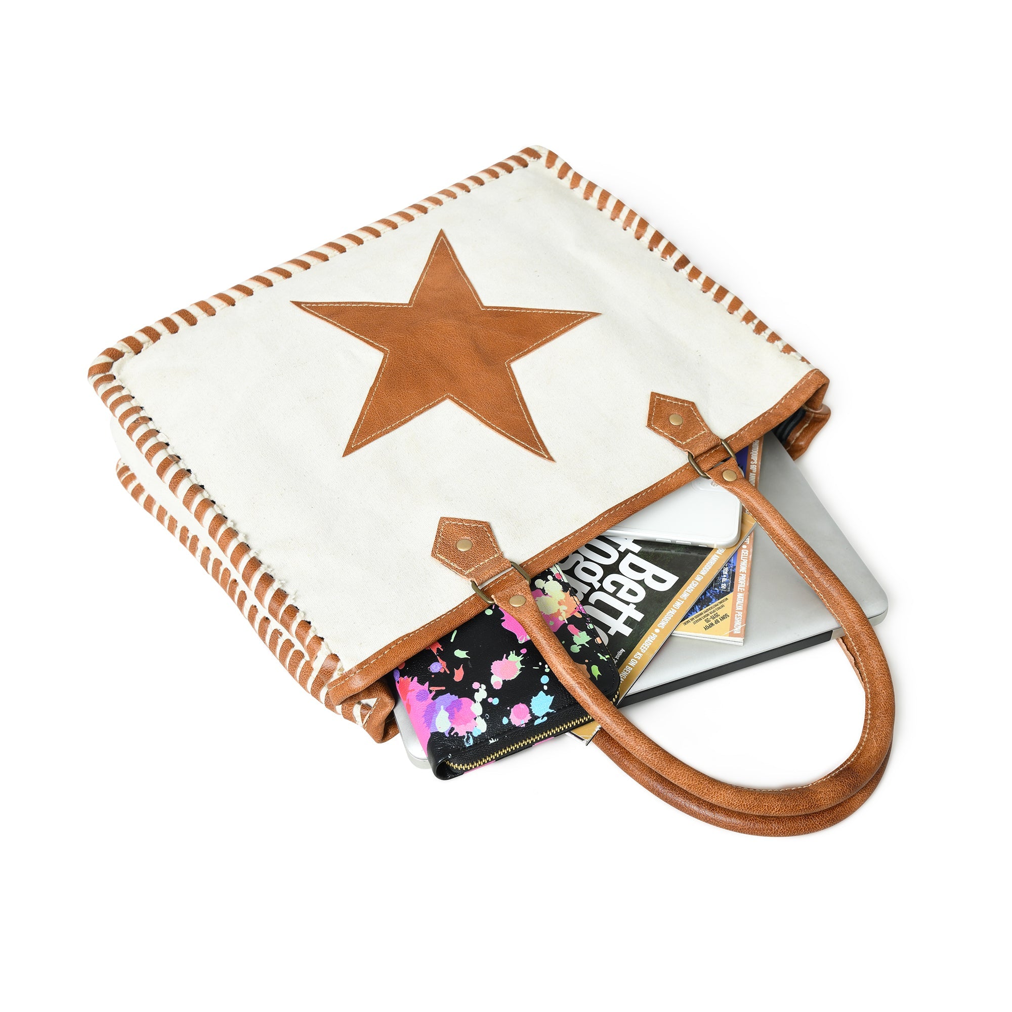 Classy Leather Bags Star Upcycled Canvas Shoulder Tote SpadezStore