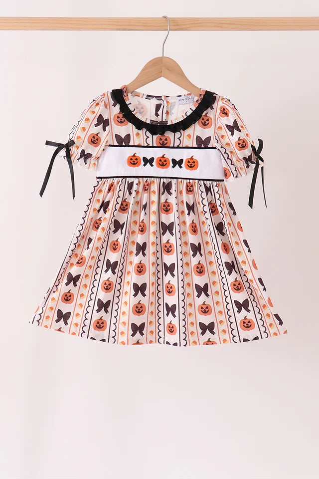 Abby & Evie Pumpkin Bow Embroidery Ruffle Dress 150071